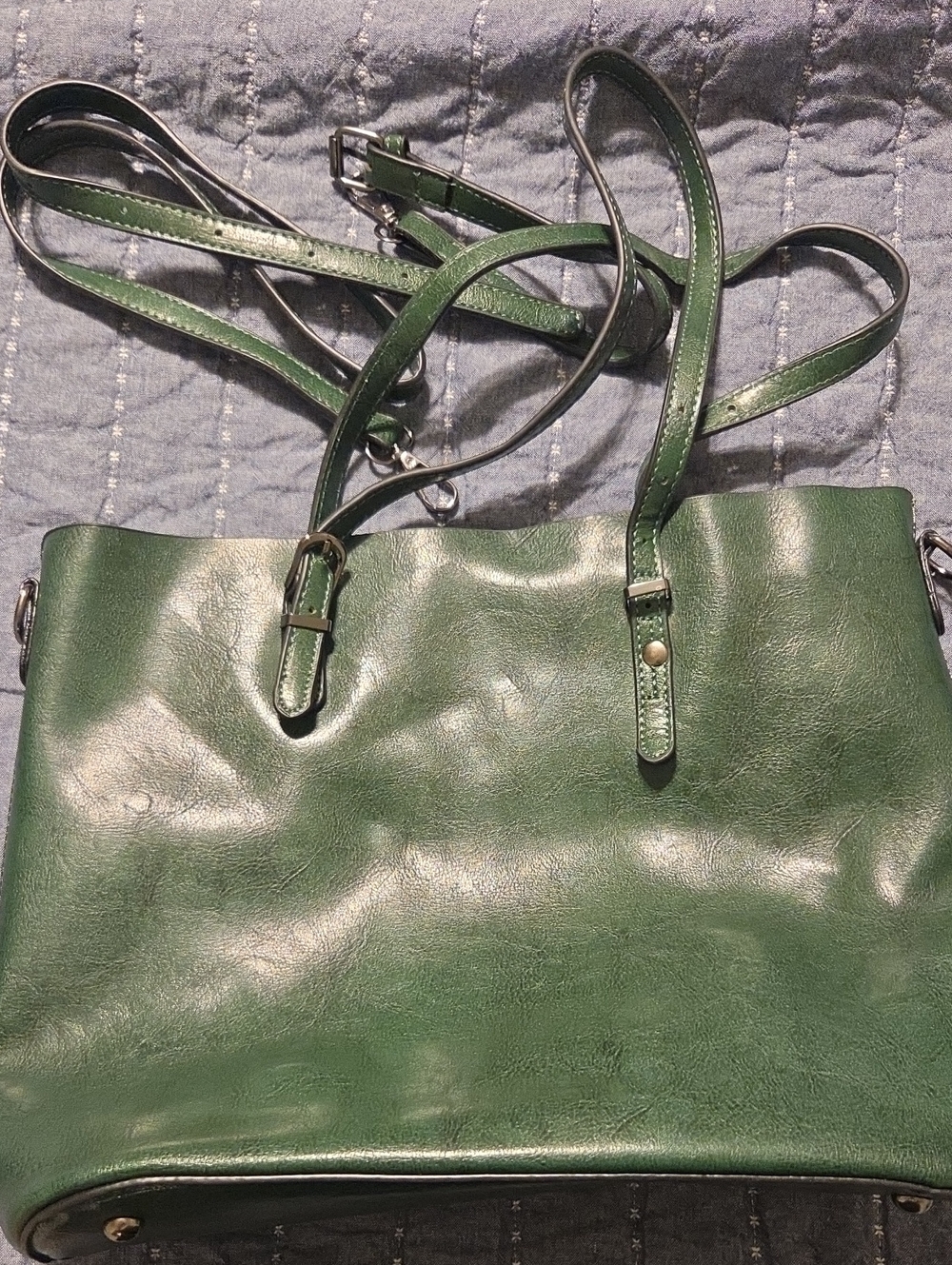 Green Leather Tote Bag w/ Adjustable Straps, Multiple Inside Pockets, & Zipper
